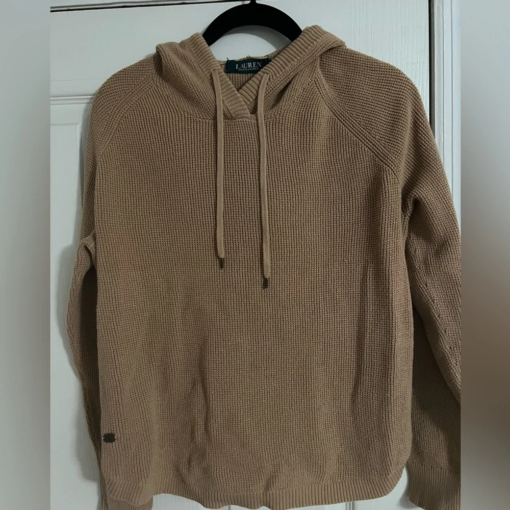 Ralph Lauren women’s tan waffle knit 100% cotton hoodie hooded sweater - Picture 3 of 7